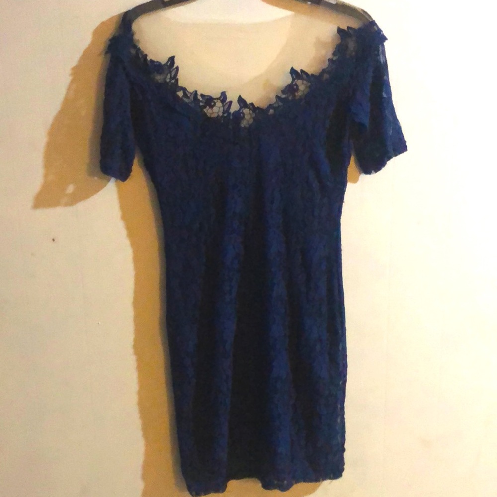 Navy blue Midi lace dress with nude mesh low back